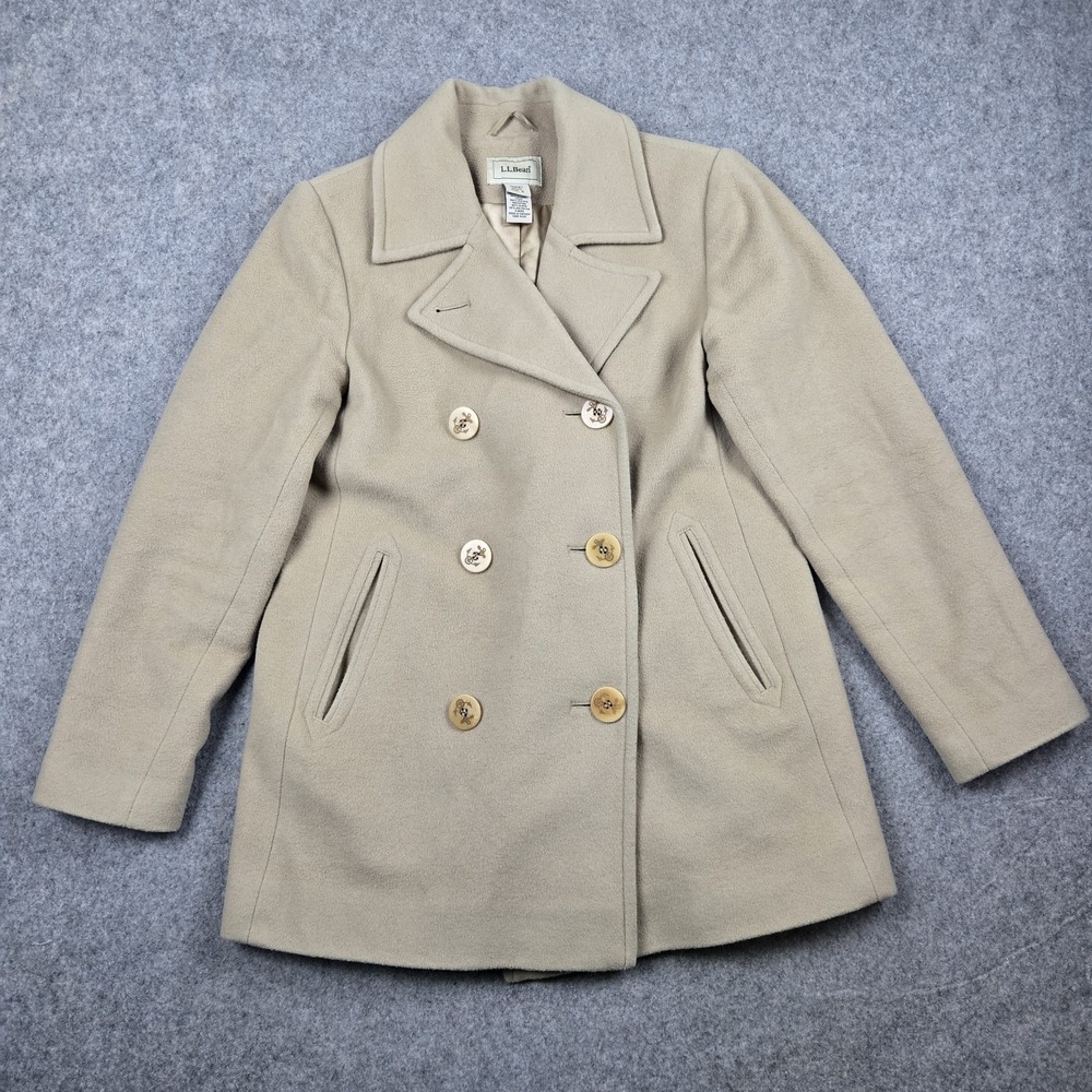 LL Bean Pea Coat Womens 4 Petite Beige Wool Blend Double Breasted‎ Navy Button
